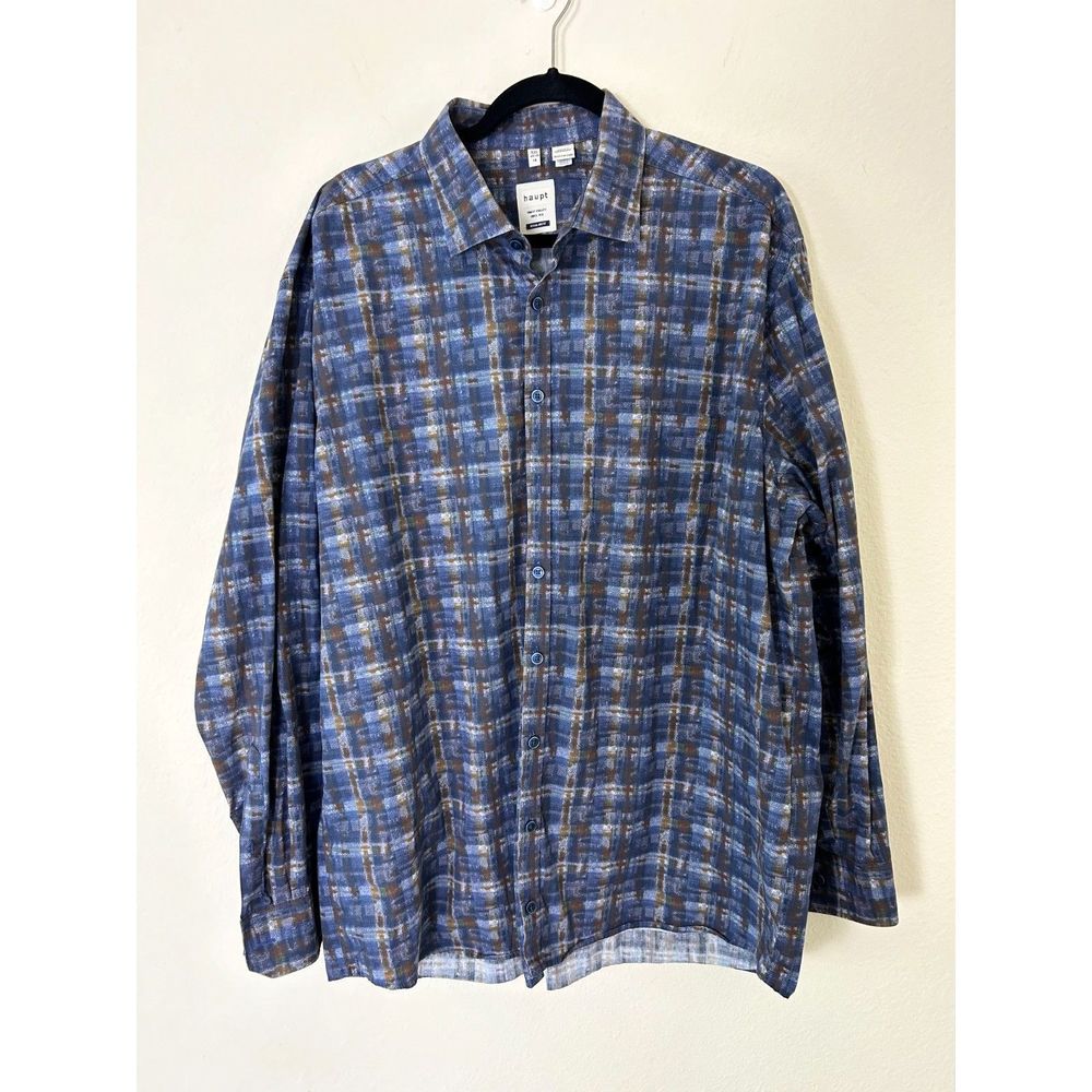 Haupt Germany Shirt Men's‎ XXL 18 Long Sleeve PlaidBlue Cut Away Collar